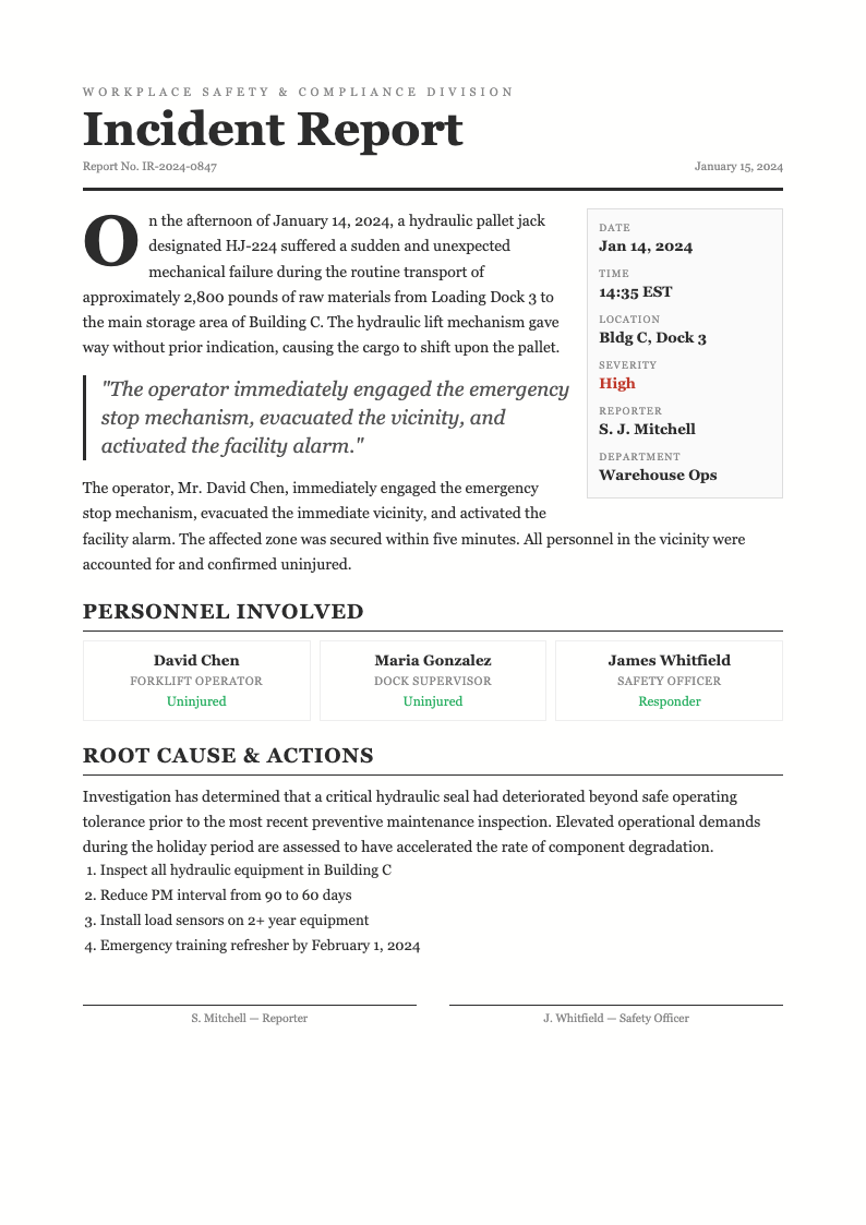 Editorial magazine incident report